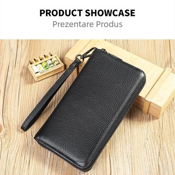 Portofel masculin din piele naturală, lung, cu piele de primul strat, rezistent la uzură, design multifuncțional, căptușeală din poliester