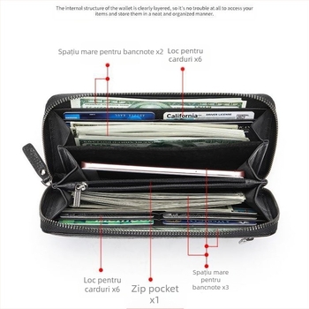 Portofel masculin din piele naturală, lung, cu piele de primul strat, rezistent la uzură, design multifuncțional, căptușeală din poliester