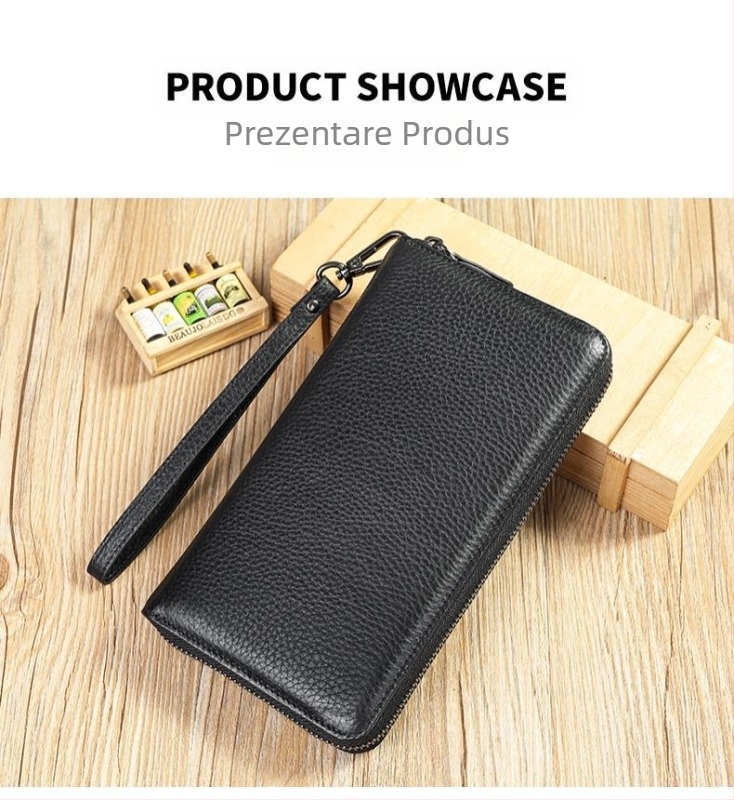 Portofel masculin din piele naturală, lung, cu piele de primul strat, rezistent la uzură, design multifuncțional, căptușeală din poliester