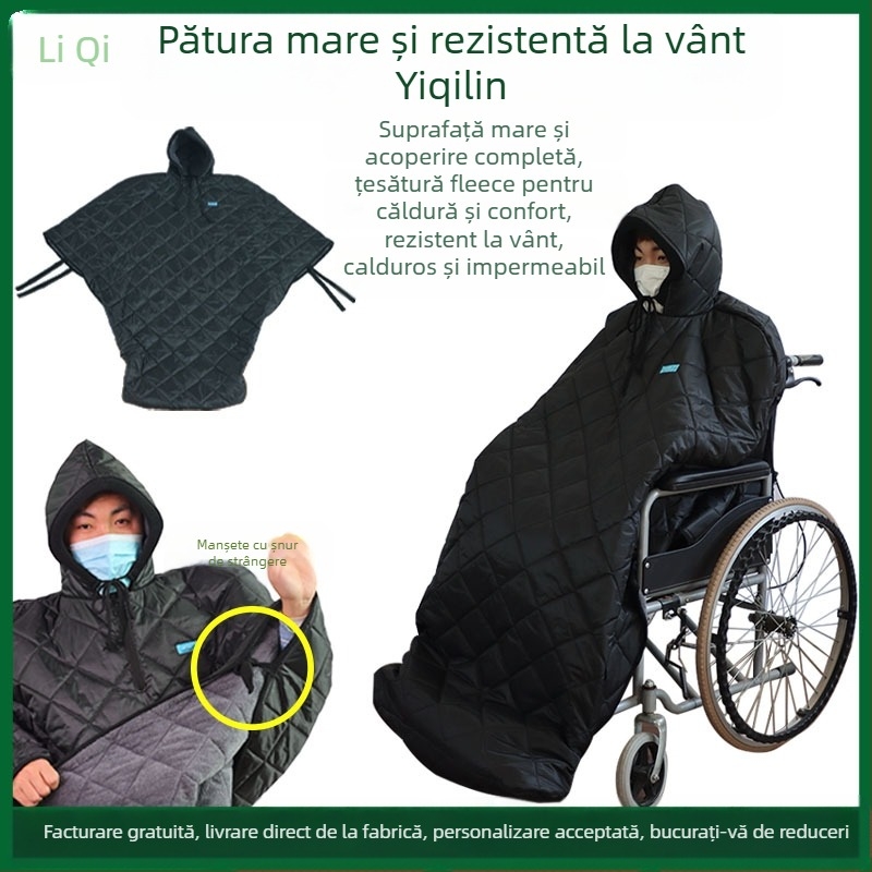Pătură termică pentru scaun cu rotile pentru adulți, cu protecție împotriva vântului, din poliester; acoperire talie, gambe, umeri, genunchi și glezne