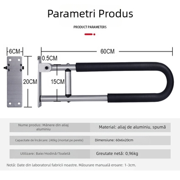 Jianlian Mâner din aluminiu pentru toaletă – suport de baie, sarcină 240 kg, greutate netă 0,96 kg, model: Mâner din aluminiu, origine Foshan