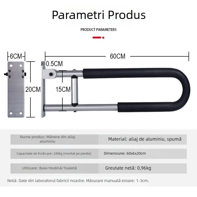 Jianlian Mâner din aluminiu pentru toaletă – suport de baie, sarcină 240 kg, greutate netă 0,96 kg, model: Mâner din aluminiu, origine Foshan