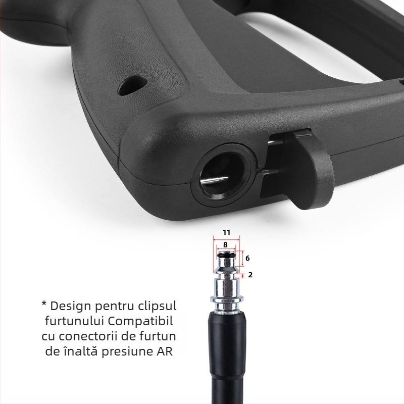Pistol de apă cu presiune înaltă, mâner și țeavă — capul și mânerul din plastic tehnic; compatibil cu Bosch, AR, Black Decker, Michelin mașini de spălat cu presiune; presiune 140 bar / 2000 psi; greutate 400 g