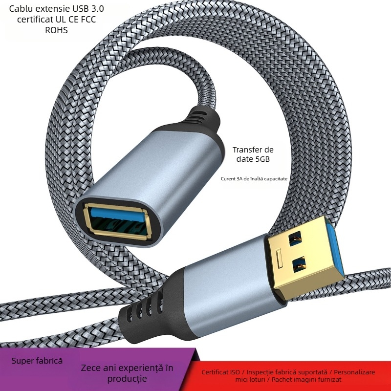 Cablu de extindere USB 3.0, interfață Mini USB, conector cu un singur cap, transfer extins de date, 60W max, carcasă din aliaj de aluminiu, miez de cupru, cablu împletit din nailon