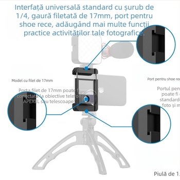 Obiectiv extern pentru telefon cu interfață universală de 17 mm, clips cu pernă antialunecare, corp din aliaj de aluminiu, compatibil cu trepied