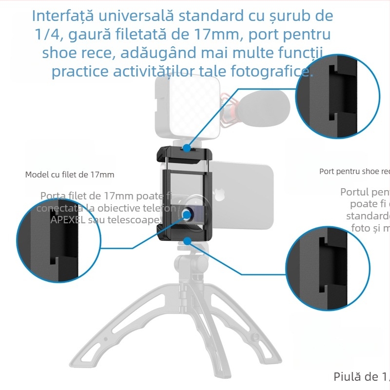 Obiectiv extern pentru telefon cu interfață universală de 17 mm, clips cu pernă antialunecare, corp din aliaj de aluminiu, compatibil cu trepied