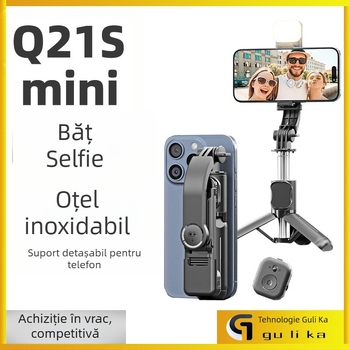 Mini bețișor pentru selfie Bluetooth cu telecomandă, din oțel inoxidabil, design portabil, clip pentru telefon și iluminare încorporată