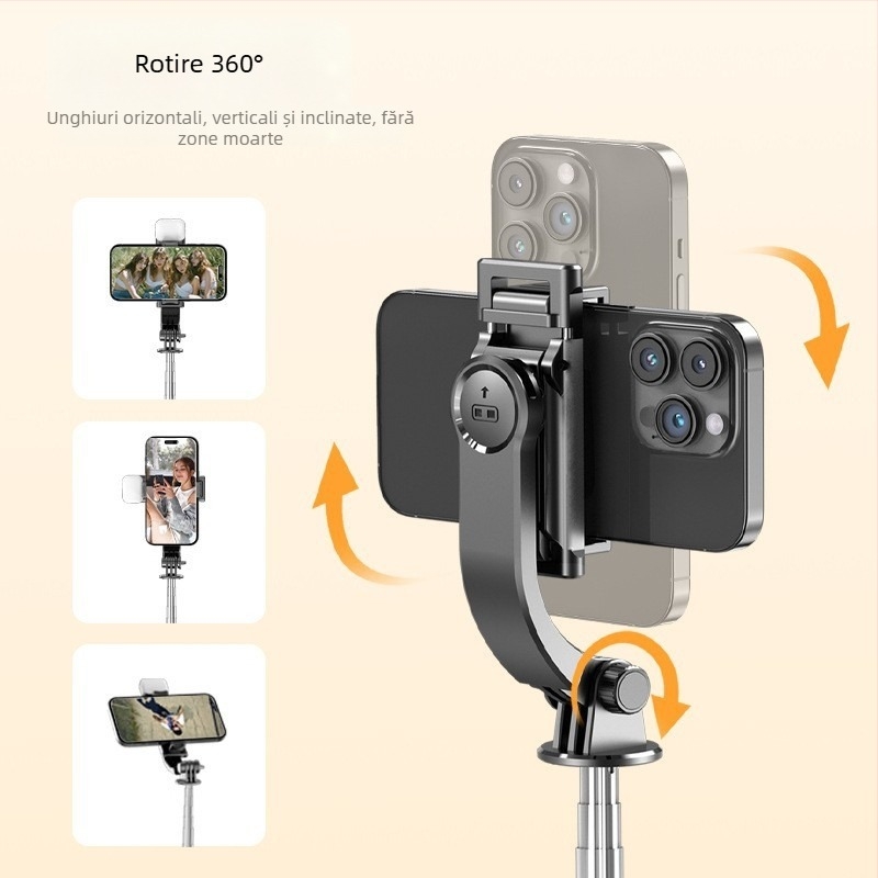 Mini bețișor pentru selfie Bluetooth cu telecomandă, din oțel inoxidabil, design portabil, clip pentru telefon și iluminare încorporată