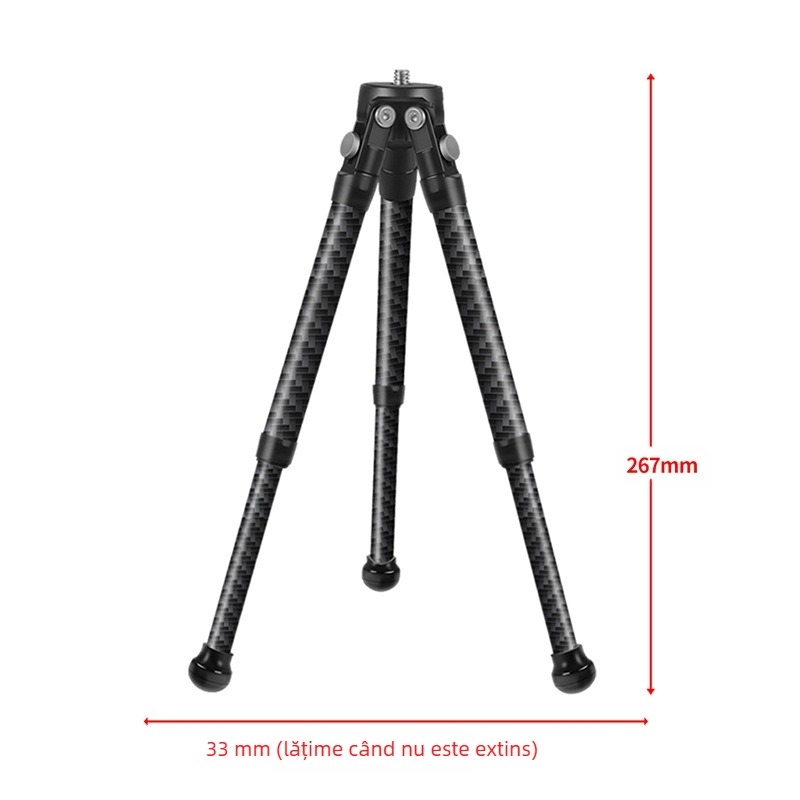 Trepied din fibră de carbon – Suport de birou retractabil portabil pentru Osmo360 fotografie live, din aluminiu + fibră de carbon, design cu două secțiuni, Sarcină 2-5 kg, Greutate 0.095-0.108 kg
