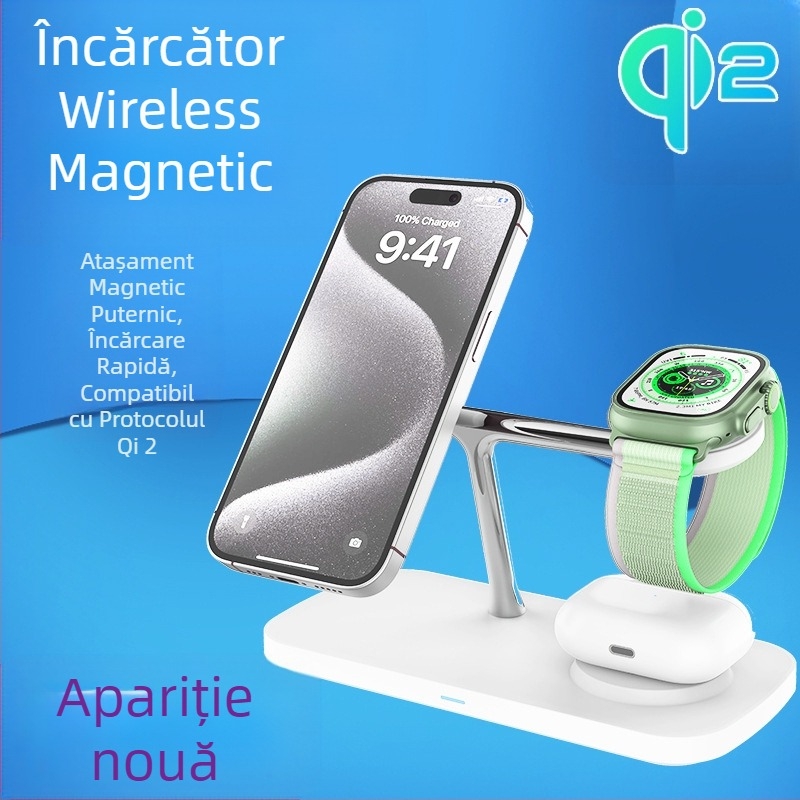 Bază Qi2 magnetică pentru încărcare wireless 15W – 3 în 1, încărcare rapidă QC3.0, aliniere magnetică, ieșire 1.67A