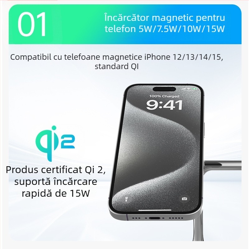 Bază Qi2 magnetică pentru încărcare wireless 15W – 3 în 1, încărcare rapidă QC3.0, aliniere magnetică, ieșire 1.67A
