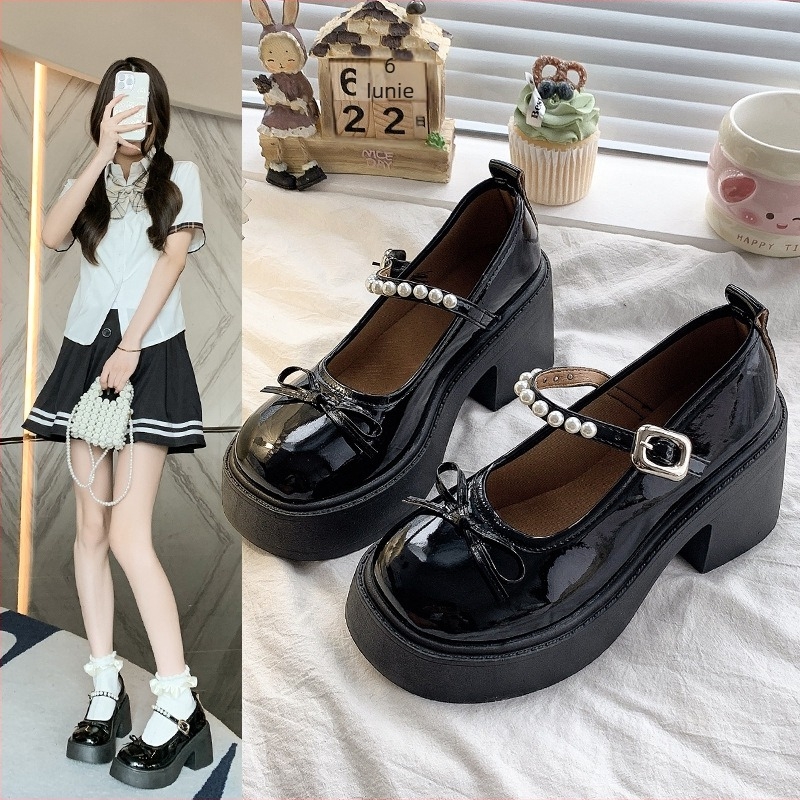 Pantofi femei Mary Jane Lolita, toc gros, vârf rotund, PU partea superioară, talpă din cauciuc, toc mediu 3-5 cm