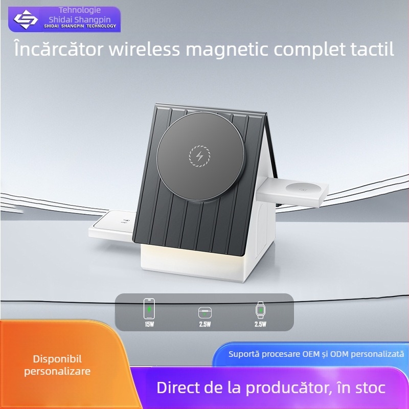 Încărcător fără fir 3 în 1, bază magnetică pentru birou – PD Încărcare rapidă, 15W pentru telefon, 5W pentru căști, 2,5W pentru ceas