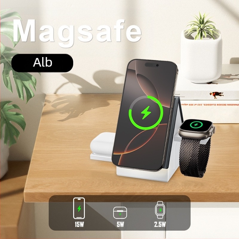 Încărcător fără fir 3 în 1, bază magnetică pentru birou – PD Încărcare rapidă, 15W pentru telefon, 5W pentru căști, 2,5W pentru ceas