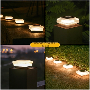 Lampă de coloană solară LED - exterior impermeabilă, coloană pătrată transparentă, 5W, 1.2V, 6–12h iluminare