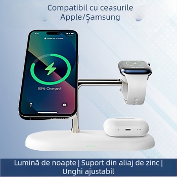 Bază de încărcare wireless 3-in-1 cu iluminare de noapte — construcție metalică, putere totală 25W, încărcare rapidă QC3.0, compatibilă cu Apple și Samsung