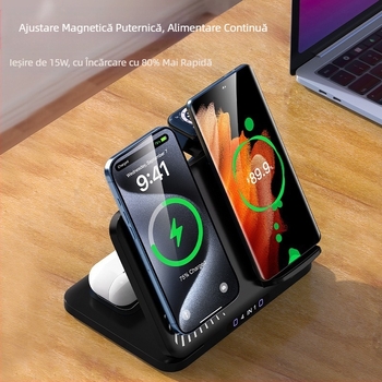 Încărcător wireless 4 în 1 pentru două telefoane, încărcare PD rapidă, putere totală 36W, încărcare wireless 15W, suport pentru încărcare magnetică
