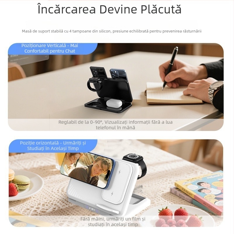 Încărcător wireless 4 în 1 pentru două telefoane, încărcare PD rapidă, putere totală 36W, încărcare wireless 15W, suport pentru încărcare magnetică