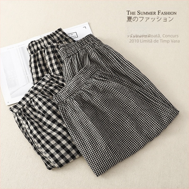 Pantaloni casual vintage din in cu carouri, cropped Bloomers, stil retro, 70–80% in, primăvară-vară 2025