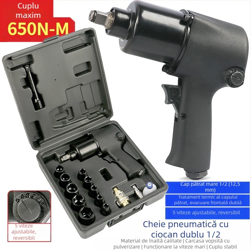 Cheie cu impact pneumatică, cu mecanism dual de ciocan, declanșare prin trăgaci pneumatiс, pentru demontarea anvelopelor la mașini și motociclete.