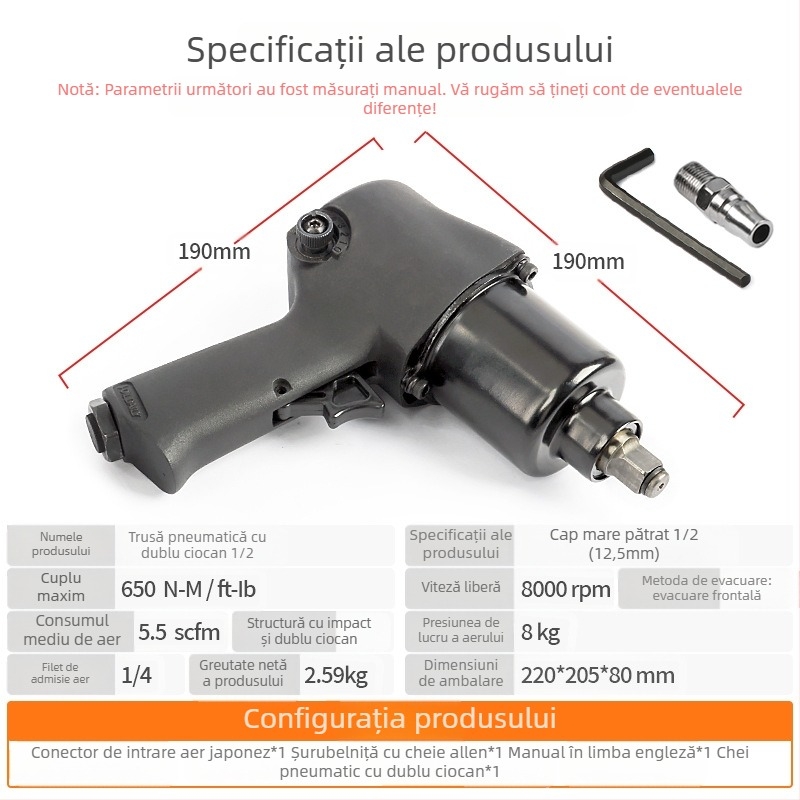 Cheie cu impact pneumatică, cu mecanism dual de ciocan, declanșare prin trăgaci pneumatiс, pentru demontarea anvelopelor la mașini și motociclete.