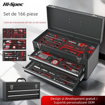 Hi-Spec set 166 de piese pentru uz casnic și reparații auto, din oțel carbon, într-o cutie metalică portabilă