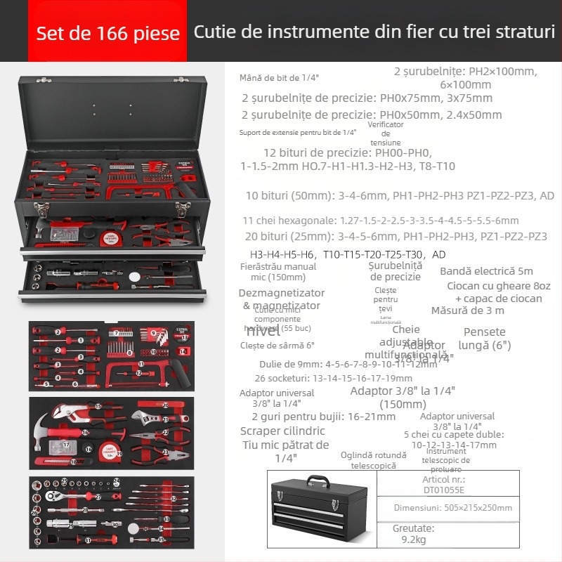 Hi-Spec set 166 de piese pentru uz casnic și reparații auto, din oțel carbon, într-o cutie metalică portabilă