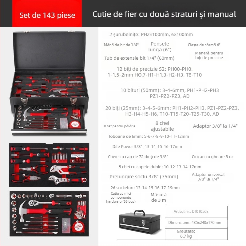 Hi-Spec set 166 de piese pentru uz casnic și reparații auto, din oțel carbon, într-o cutie metalică portabilă