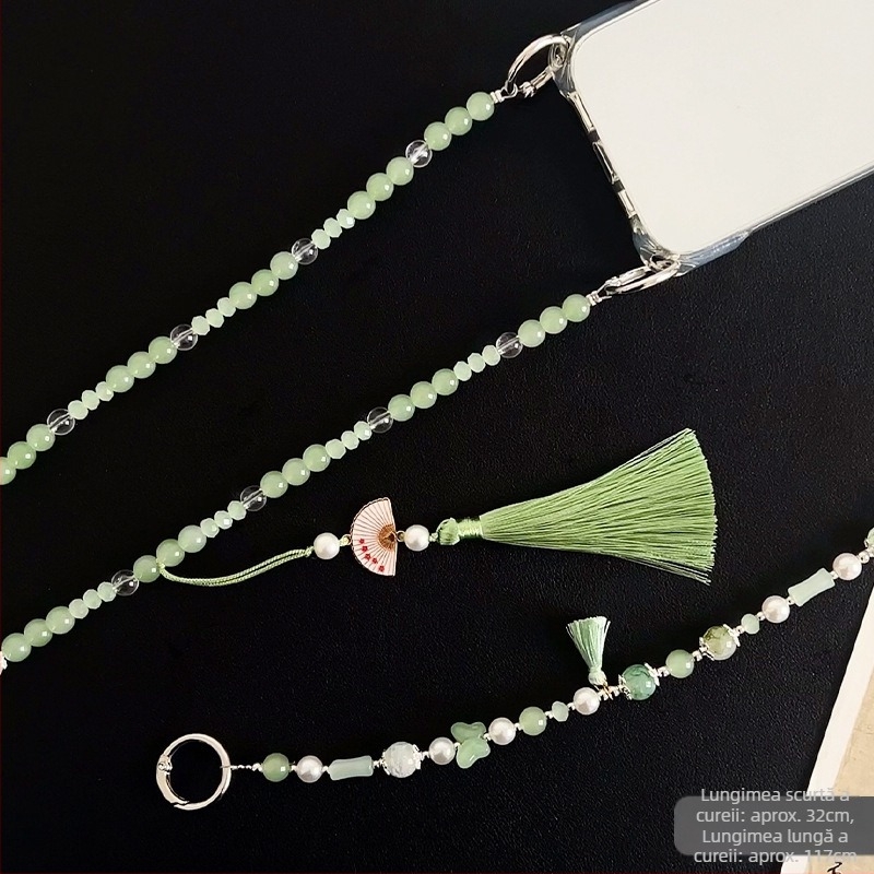 Lanier pentru telefon cu ciucuri și mărgele - acrilic, lucrat manual, cablu din sârmă, cataramă metalică, Le shell