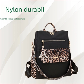 Rucsac feminin antifurt, imprimeu leopard, capacitate mare, material Oxford, închidere cu fermoar, buzunar secret intern și buzunar pentru telefon, impermeabil și rezistent la uzură