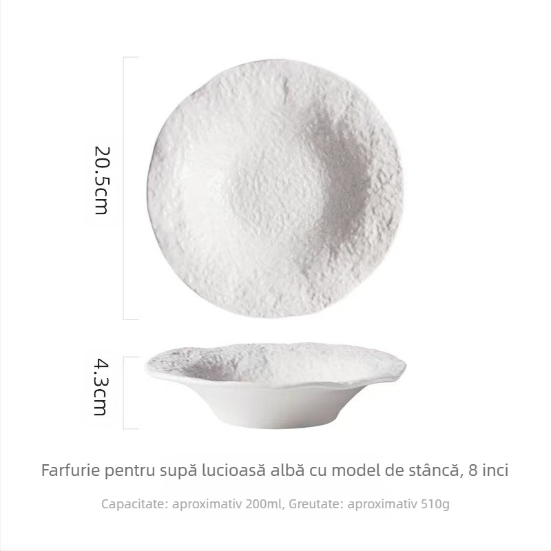 Set de porțelan cu model pietros; farfurii compatibile cu microundele; include farfurie de supă, farfurie adâncă și farfurie de cină în stil occidental; finisaj sub-glazură.