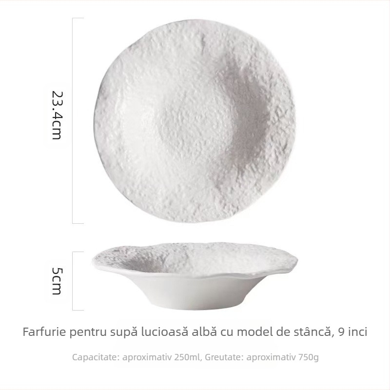 Set de porțelan cu model pietros; farfurii compatibile cu microundele; include farfurie de supă, farfurie adâncă și farfurie de cină în stil occidental; finisaj sub-glazură.