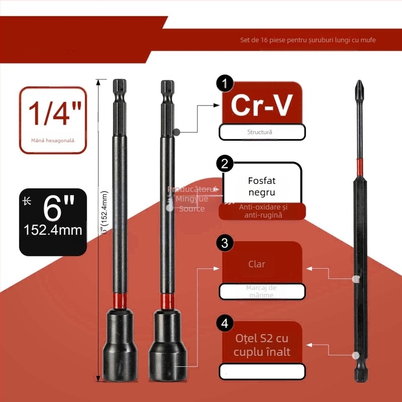 Set de drivere magnetice pentru piulițe, șurubelnițe pentru piulițe lungi, 16–21 piese, oțel aliat S2, greutate netă 1,17