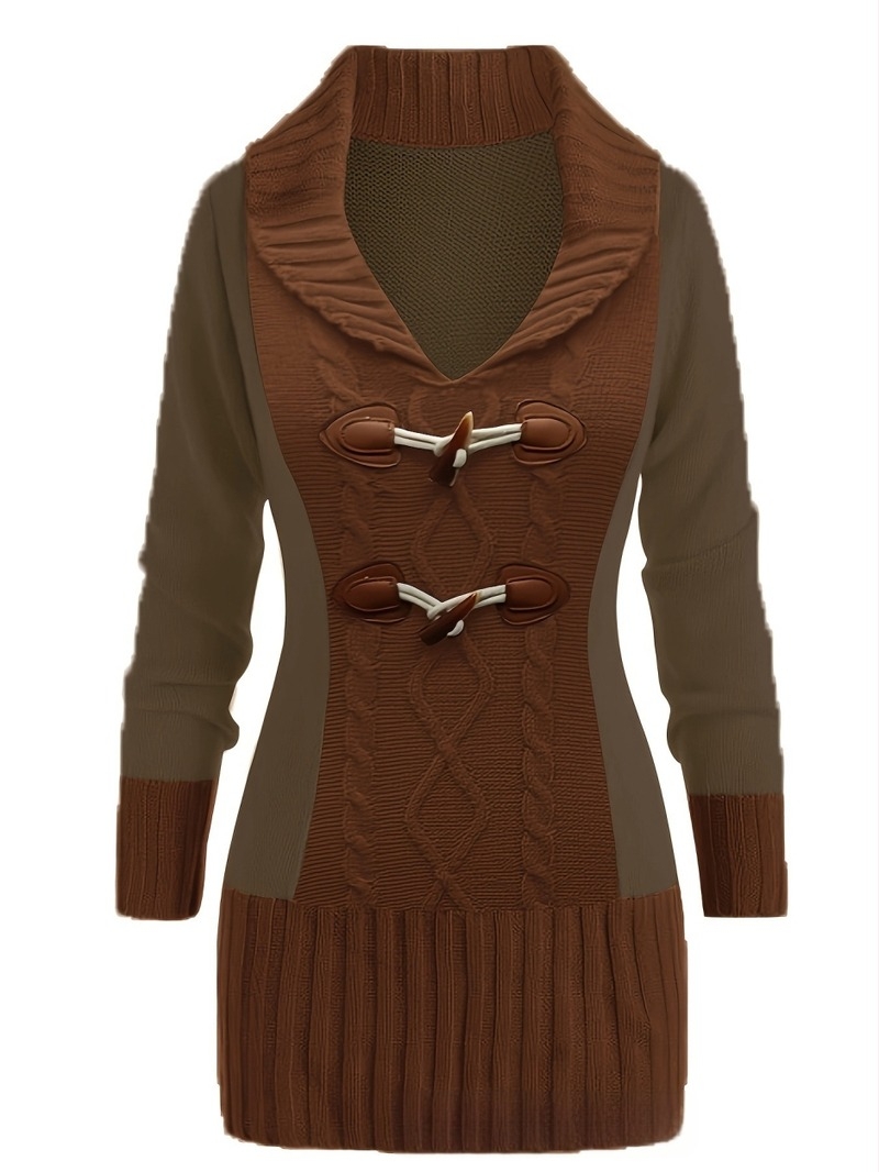 Rochie tricotată cu detaliu cataramă din corn, decolteu în V, mâneci lungi, lungime medie, siluetă hip-skirt, material 95% poliester