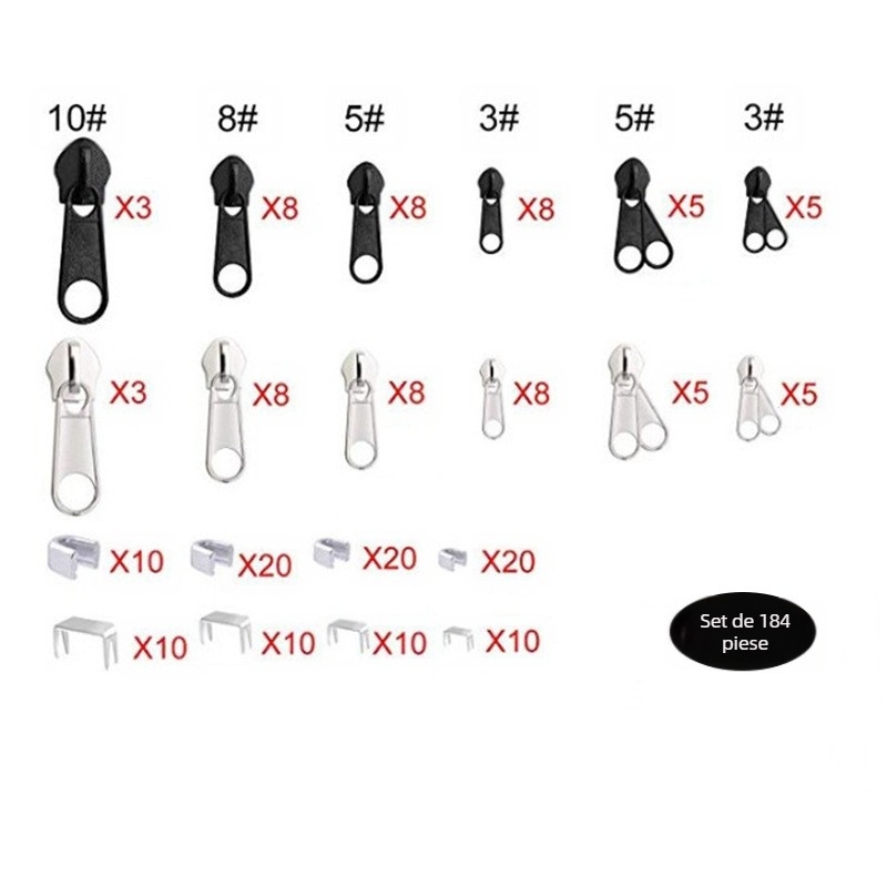 Set de înlocuire a fermoarului, 255 de piese, cu cap fermoar — MB brand, construcție metalică, fără blocare, pentru haine, veste, portofele, genți, bagaje, rucsaci, corturi și saci de dormit