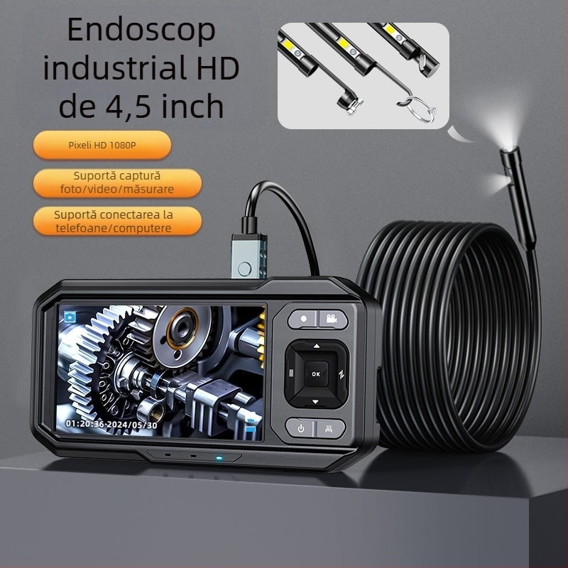 ES02 HD endoskop de inspecție industrială cu ecran — sondă de 8 mm, lungime de lucru 5 m, IP67 impermeabil, 720P ecran, iluminare LED