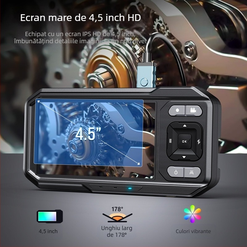 ES02 HD endoskop de inspecție industrială cu ecran — sondă de 8 mm, lungime de lucru 5 m, IP67 impermeabil, 720P ecran, iluminare LED