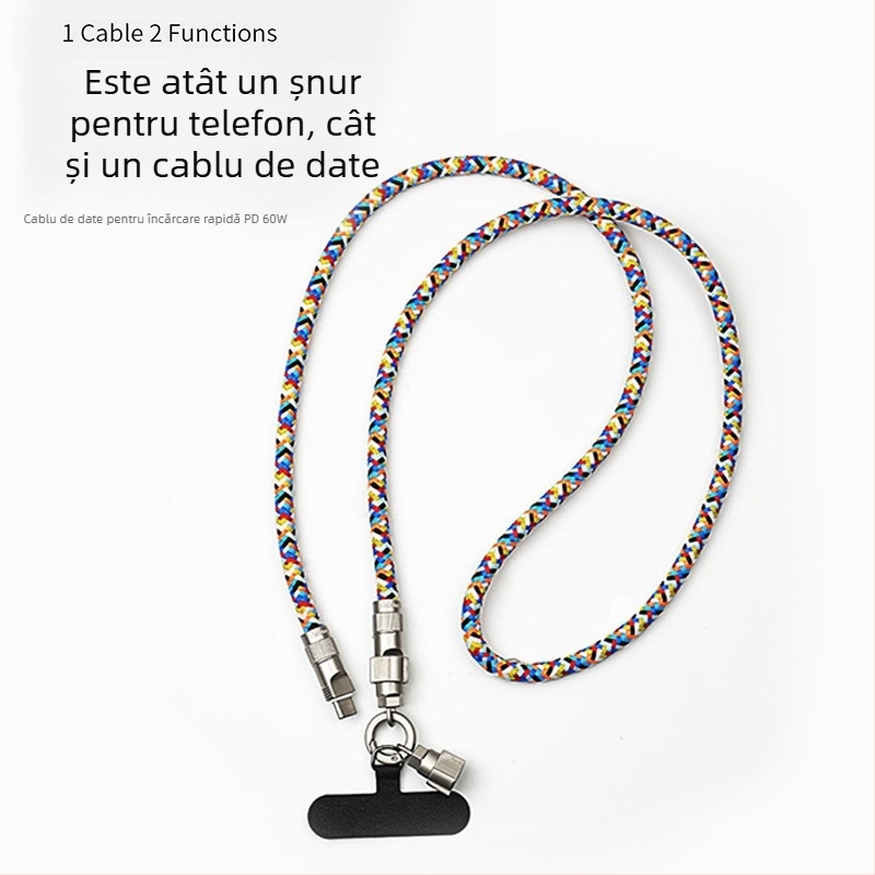 Soson cablu de date 2-în-1 cu lanyard pentru USB-C și Lightning, cablu împletit, PD60W încărcare rapidă, cataramă din aliaj de zinc