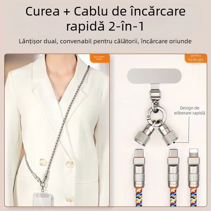 Soson cablu de date 2-în-1 cu lanyard pentru USB-C și Lightning, cablu împletit, PD60W încărcare rapidă, cataramă din aliaj de zinc