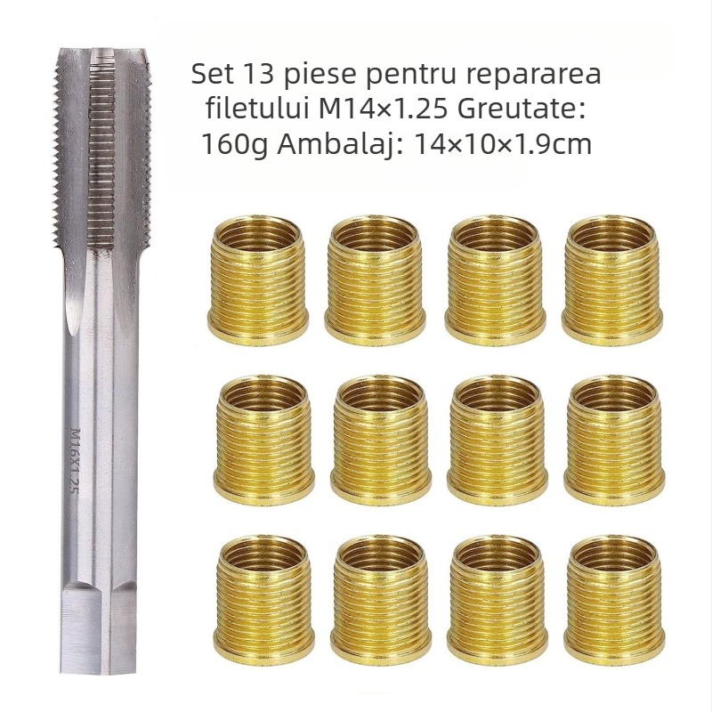 Set de 13 piese pentru repararea filetului bujiei M14, cu scule cu canale drepte