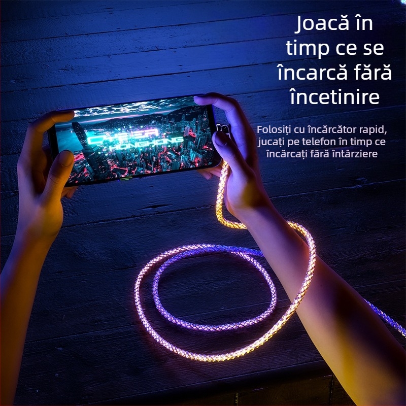 Cablu 3-în-1 pentru date și încărcare rapidă (Lightning/Micro USB/Type-C), carcasă din aliaj de zinc, conector rotativ la 90°, LED gradient, până la 120W
