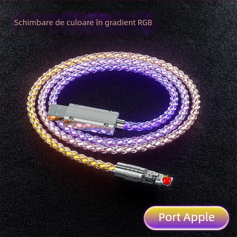 Cablu 3-în-1 pentru date și încărcare rapidă (Lightning/Micro USB/Type-C), carcasă din aliaj de zinc, conector rotativ la 90°, LED gradient, până la 120W