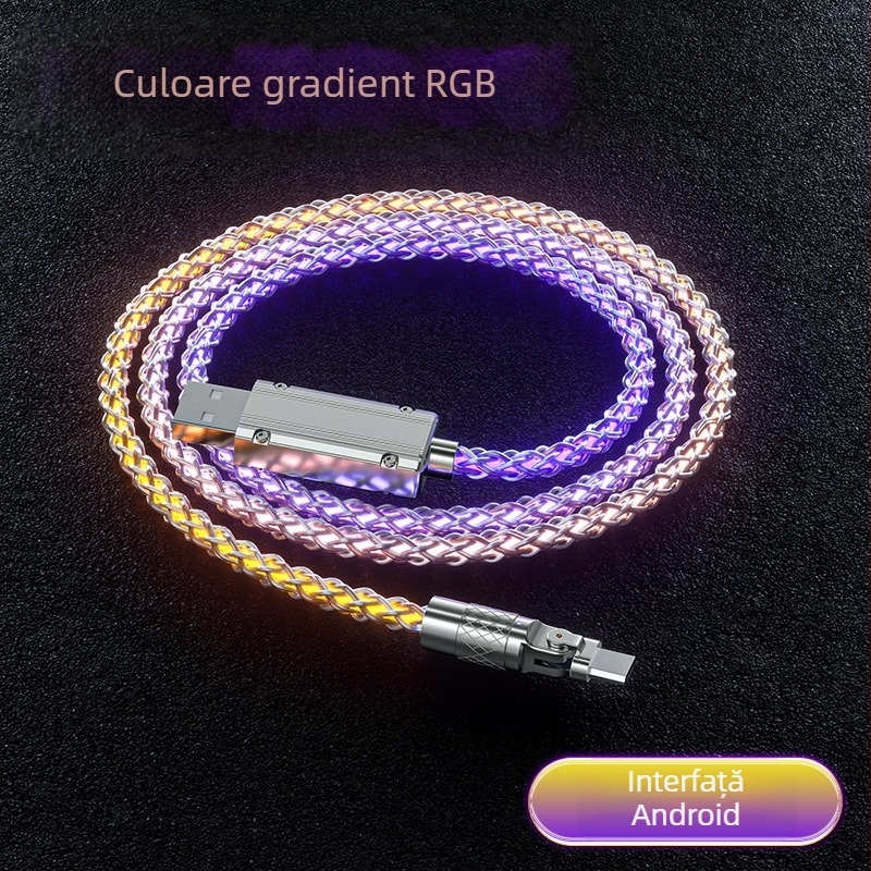 Cablu 3-în-1 pentru date și încărcare rapidă (Lightning/Micro USB/Type-C), carcasă din aliaj de zinc, conector rotativ la 90°, LED gradient, până la 120W