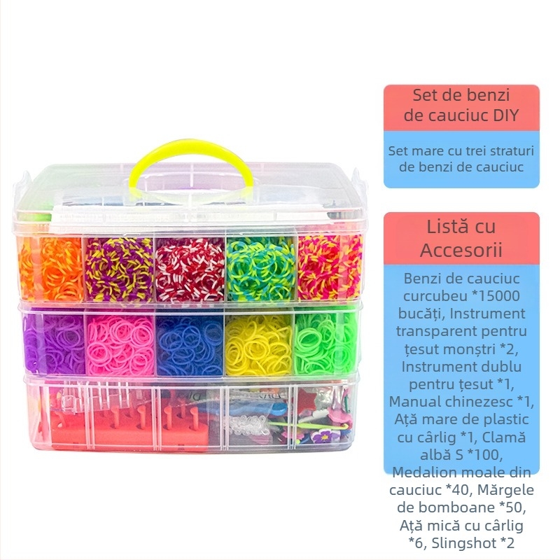 Jucărie din benzi de cauciuc împletite — mare, în trei straturi, 15000 benzi; Material: TPR; Potrivit pentru vârsta 7–14 ani; Dezvoltă vederea, dezvoltarea intelectuală și coordonarea mână-ochi.