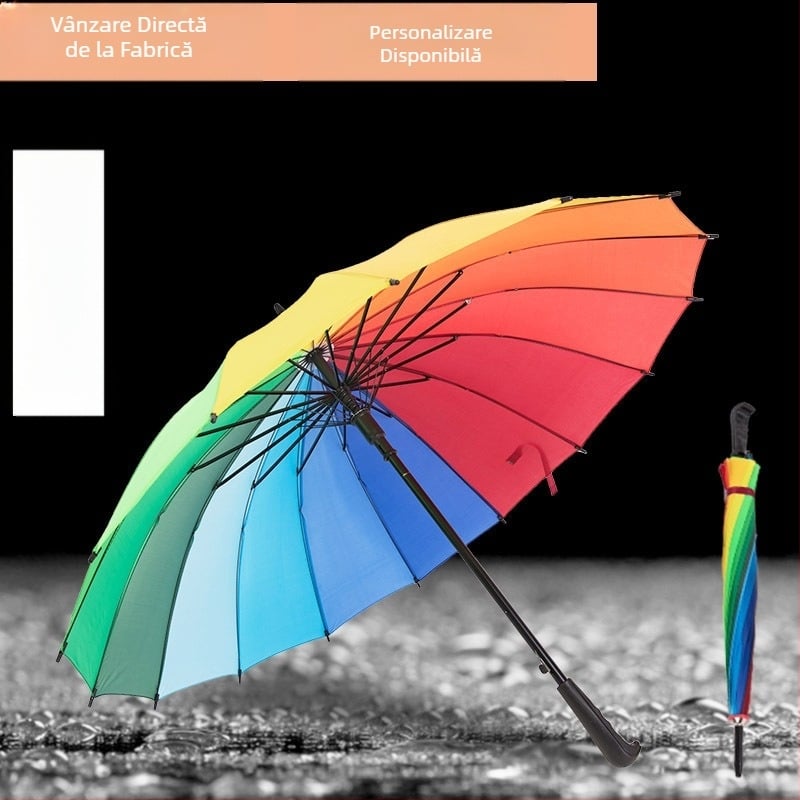 Umbrelă promoțională cu 16 arce, deschidere și închidere manuale, țesătură din material 190T cu acoperire vinil, tijă din fier, mâner din plastic, posibilitatea imprimării logo-ului