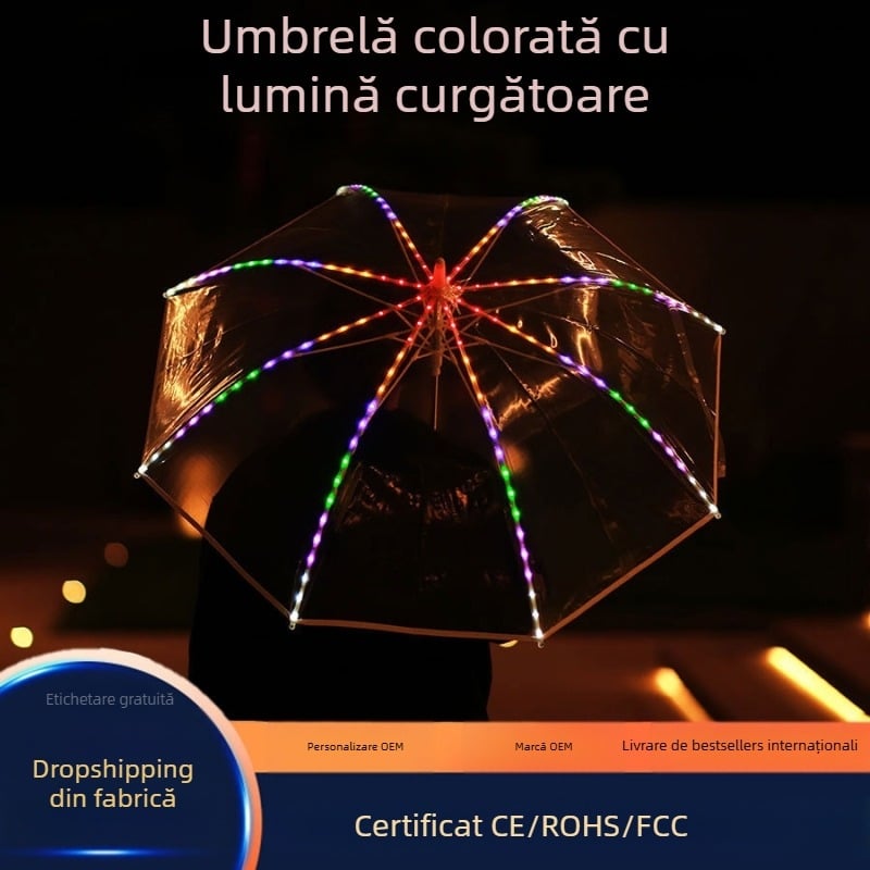Umbrelă LED cu efect de artificii și flux de culoare, cadru din oțel, material textil 190T, mâner lung, stil hippie