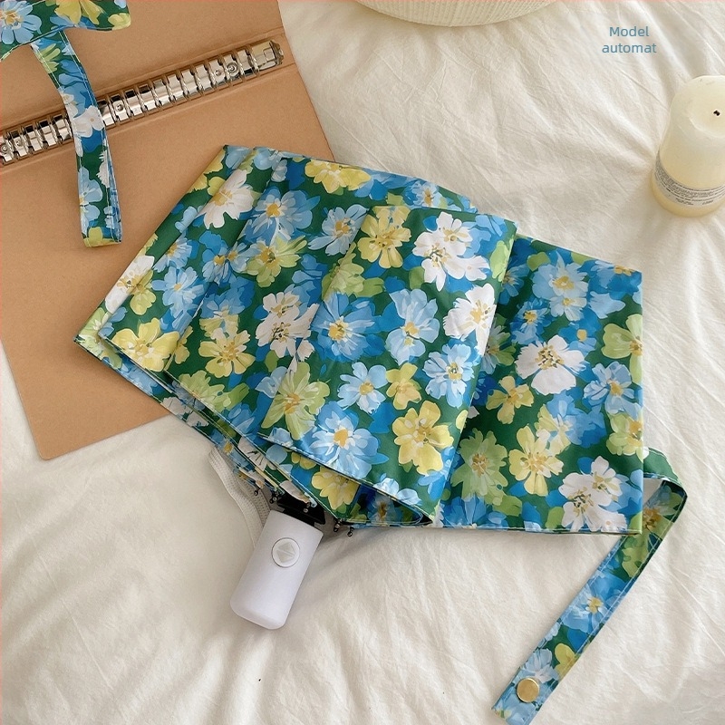 Umbrelă cu model floral, pliabilă, complet automată, umbrelă pentru soare și ploaie cu țesătură vinil 190T, protecție UV PA++, ramă din fibră, tijă din fier, mâner din plastic