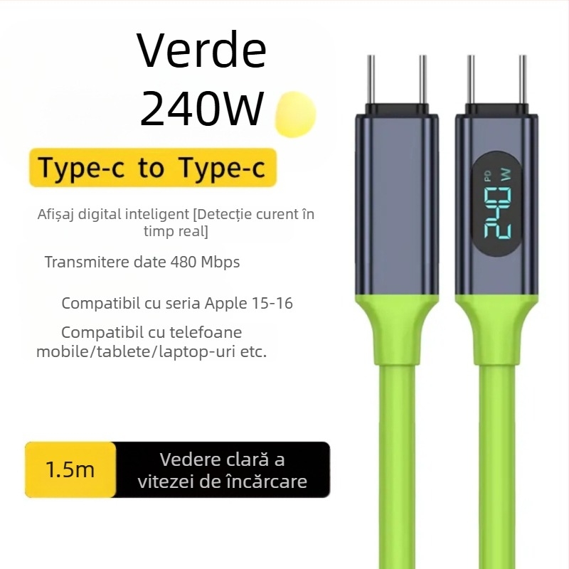 Cablu date Type-C cu afișaj digital, încărcare rapidă 240W, conector unic, PVC