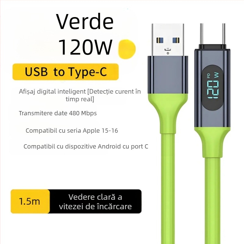 Cablu date Type-C cu afișaj digital, încărcare rapidă 240W, conector unic, PVC