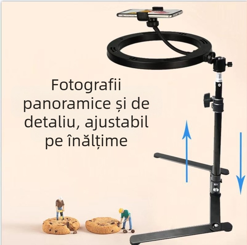 Suport deasupra pentru telefon mobil cu iluminare pentru streaming live — cadru metalic, sarcină 2–5 kg, înălțime 44 cm, diametru 22 mm, greutate 0,5 kg